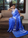 Banarasee Cotton Silk Saree With Zari Buta & Floral Border-Ocean Blue