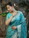 Banarasee Handloom Georgette Saree With Silver Zari Work & Border-Turquoise Blue