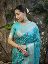 Banarasee Handloom Georgette Saree With Silver Zari Work & Border-Turquoise Blue