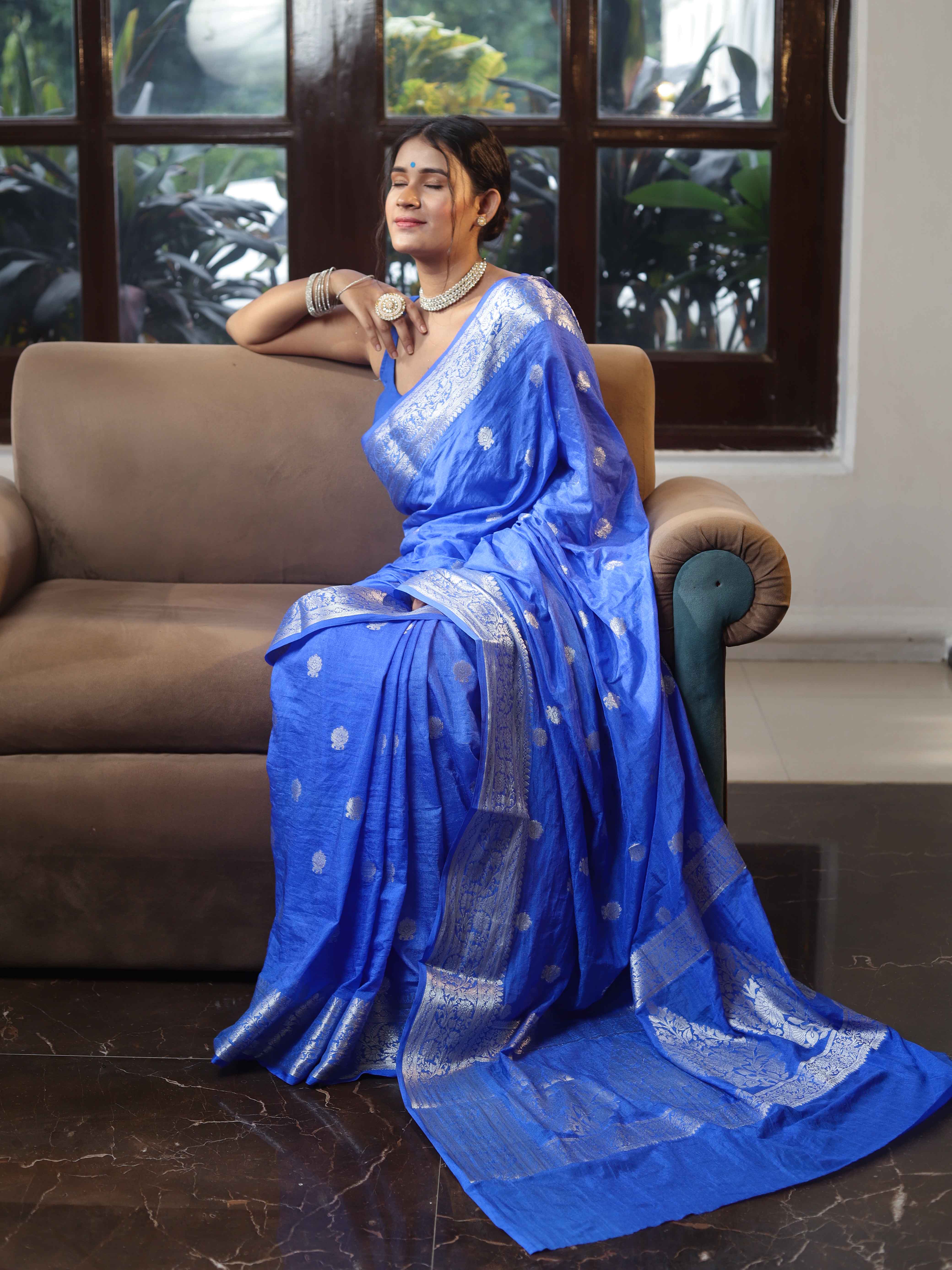 Banarasee Cotton Silk Saree With Zari Buta & Floral Border-Ocean Blue