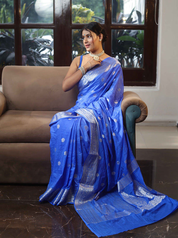 Banarasee Cotton Silk Saree With Zari Buta & Floral Border-Ocean Blue