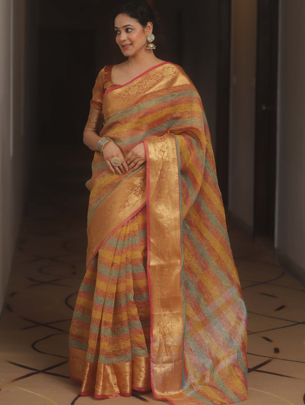Banarasee Handwoven Crushed Tissue Saree-Multicolor