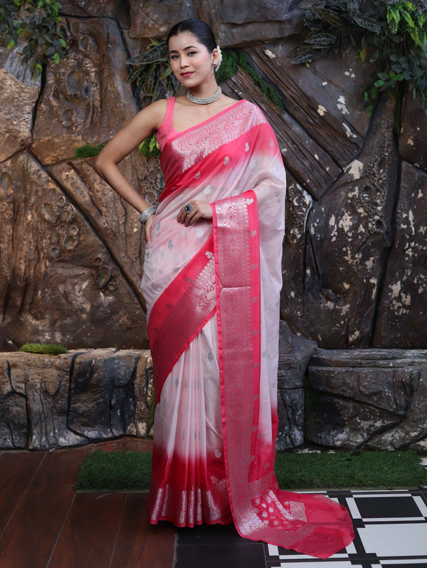 Banarasee Handloom Semi Silk Saree With Zari Buta Work & Contrast Border-Blush Pink(Dual Tone)