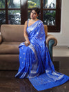 Banarasee Cotton Silk Saree With Zari Buta & Floral Border-Ocean Blue