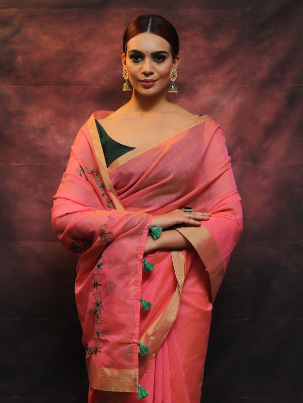 Banarasee Chanderi Cotton Hand-Embroidered Saree-Pink