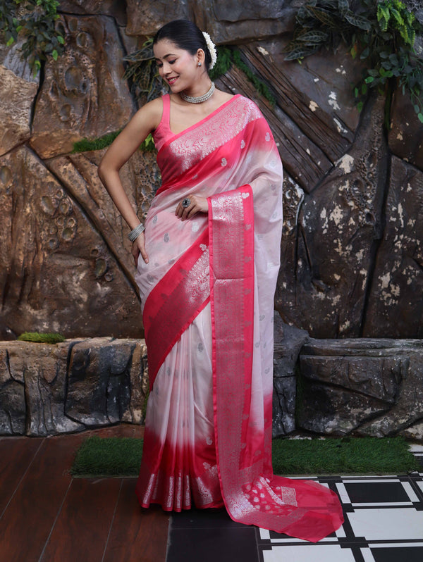 Banarasee Handloom Semi Silk Saree With Zari Buta Work & Contrast Border-Blush Pink(Dual Tone)