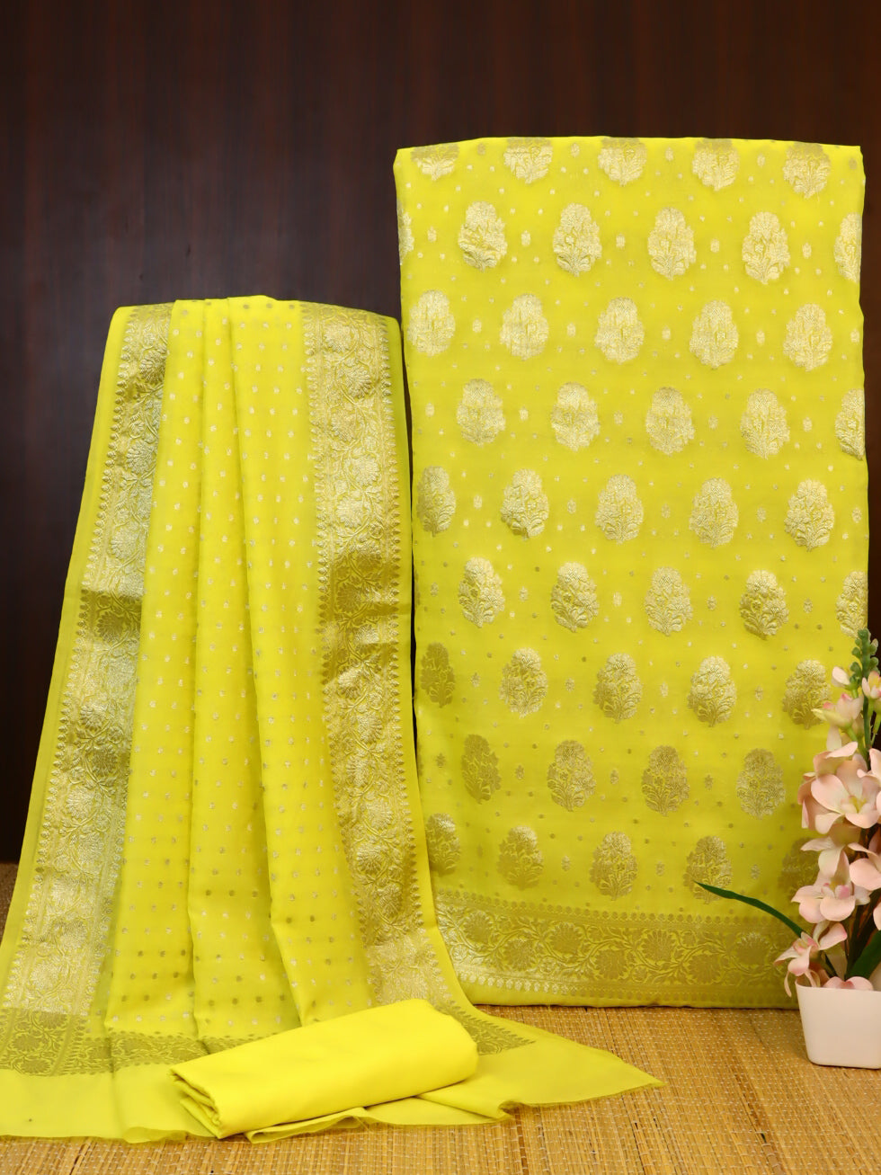 Banarasee Georgette Salwar Kameez Fabric With Dupatta Set-Yellow