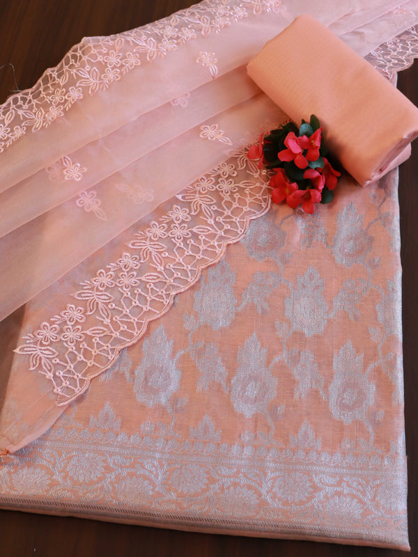 Banarasee Silver Zari Jaal Salwar Kameez With Embroidered Dupatta-Peach