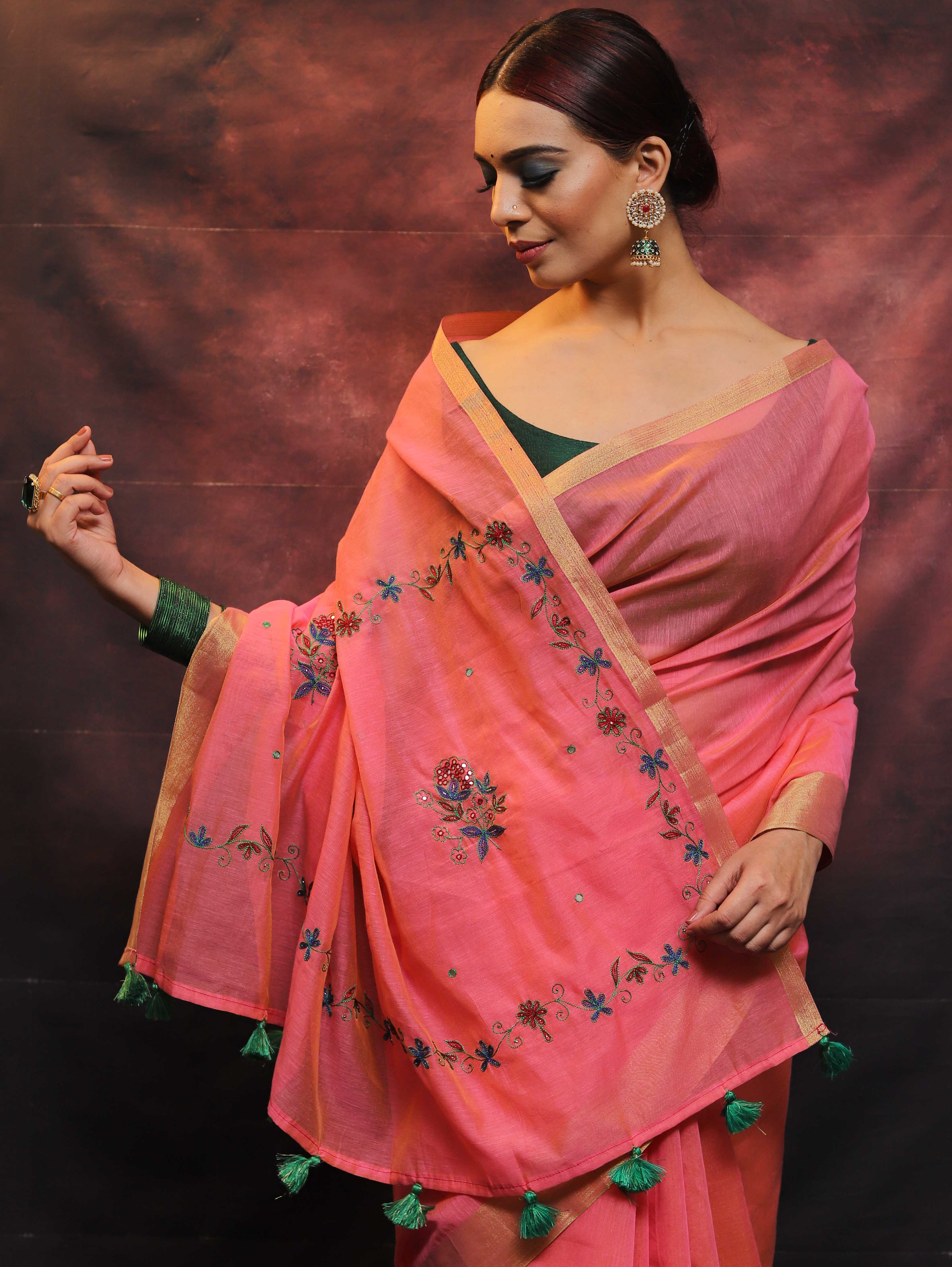 Banarasee Chanderi Cotton Hand-Embroidered Saree-Pink