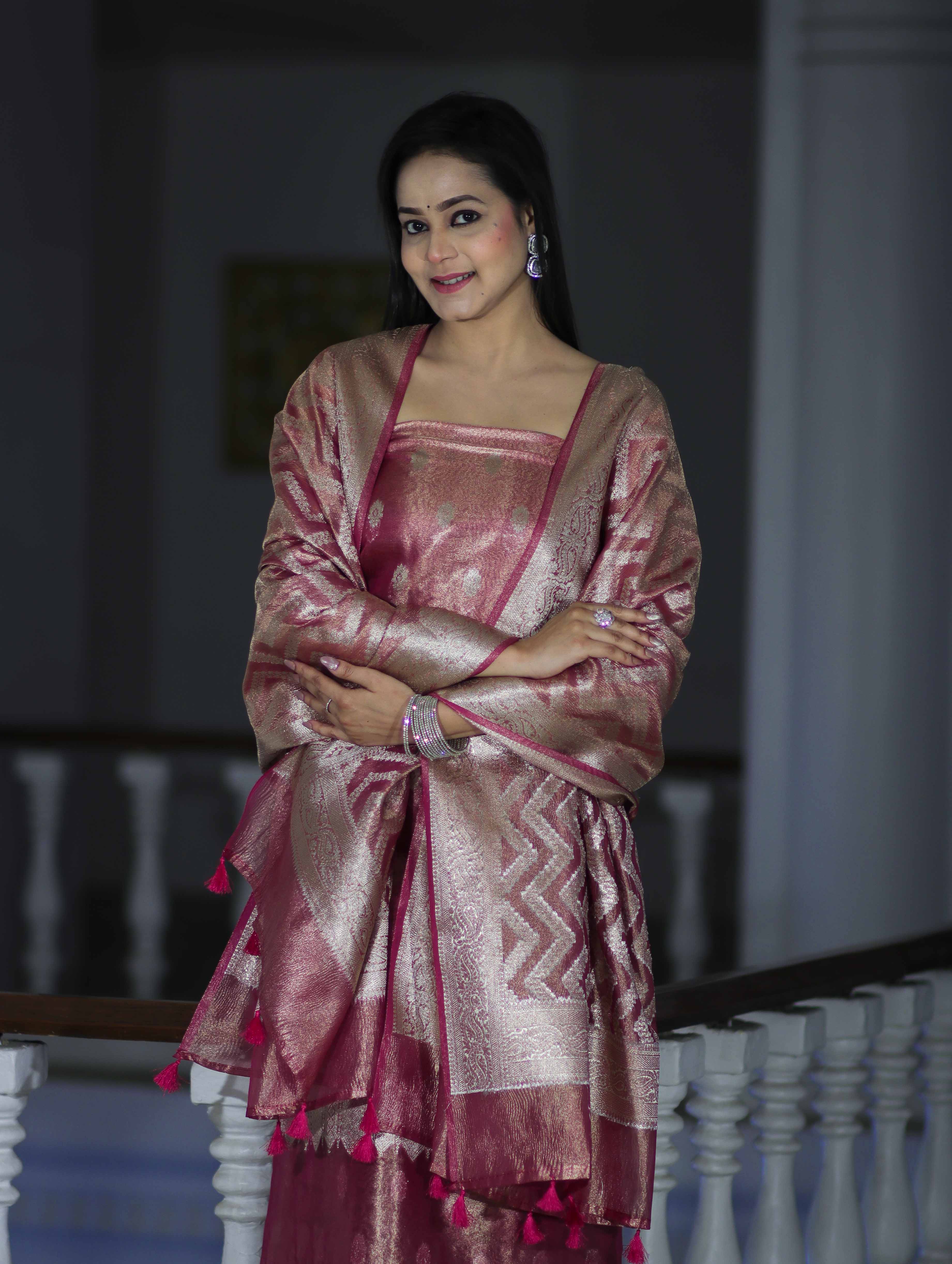 Banarasee Tissue Zari Work Salwar Kameez Fabric With Dupatta Set-Pink