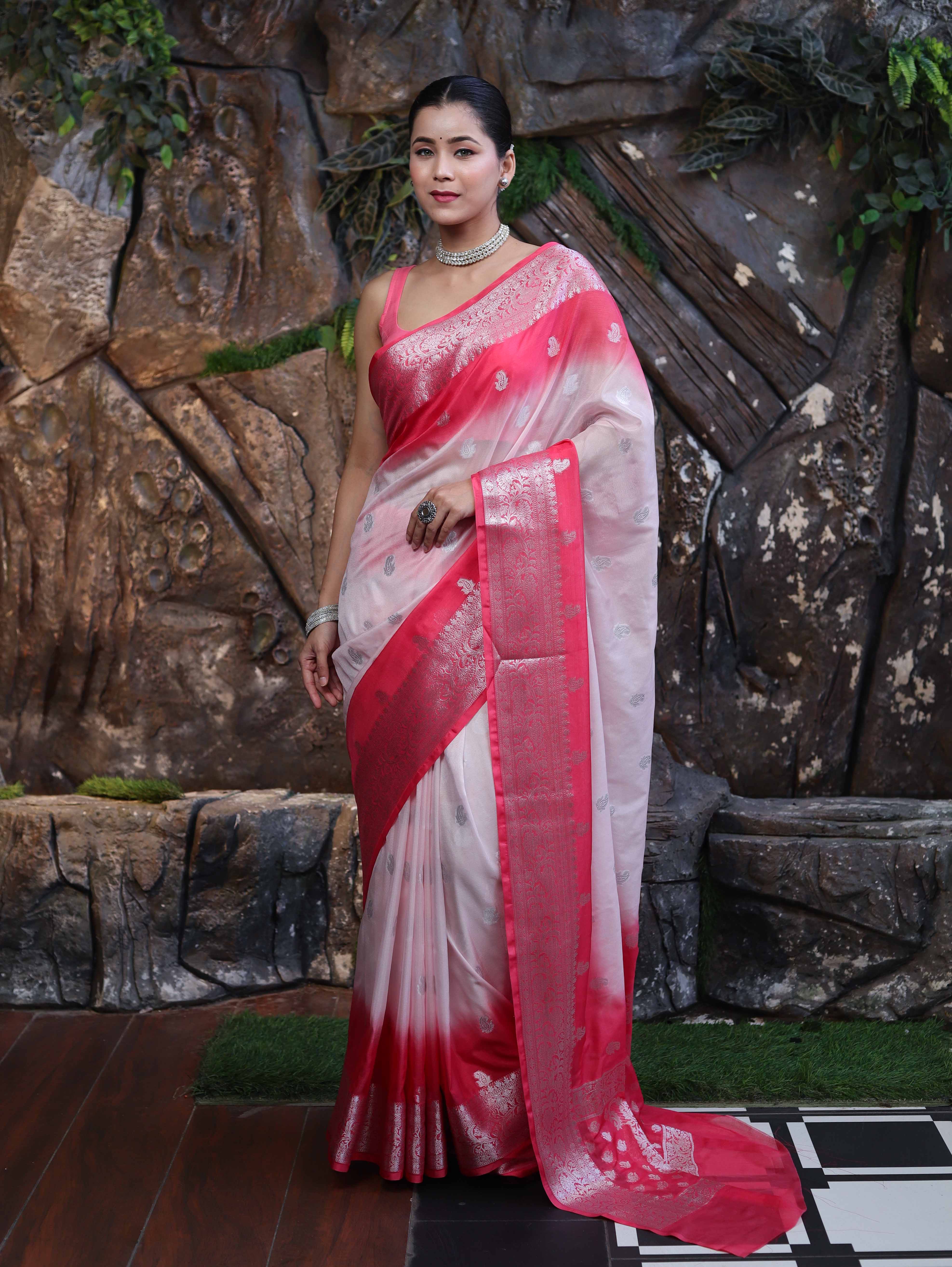 Banarasee Handloom Semi Silk Saree With Zari Buta Work & Contrast Border-Blush Pink(Dual Tone)