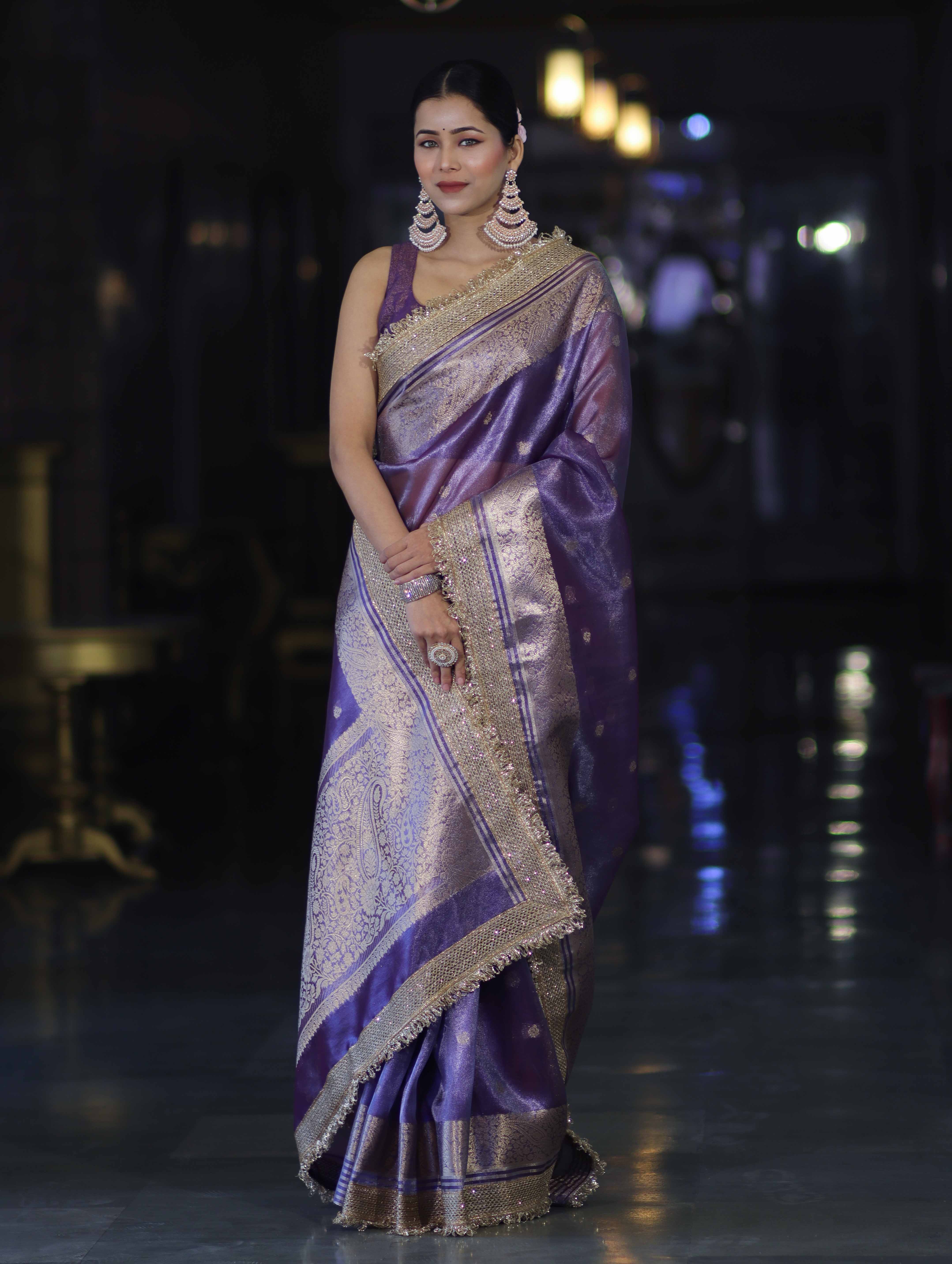 Banarasee Handloom Tissue Saree With Zari Buti Design Zari Border & Lace-Light Purple