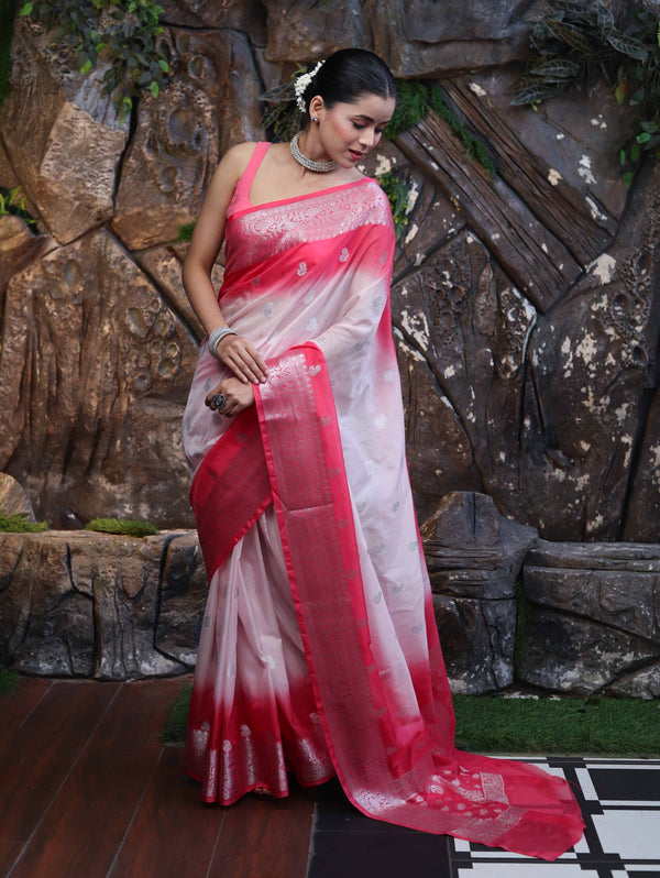Banarasee Handloom Semi Silk Saree With Zari Buta Work & Contrast Border-Blush Pink(Dual Tone)