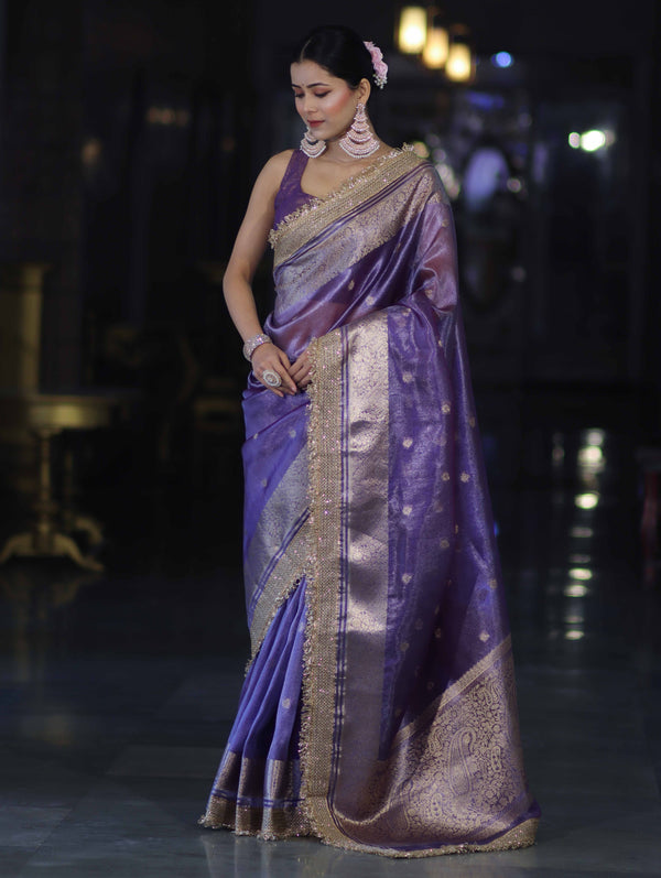 Banarasee Handloom Tissue Saree With Zari Buti Design Zari Border & Lace-Light Purple