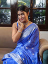 Banarasee Cotton Silk Saree With Zari Buta & Floral Border-Ocean Blue