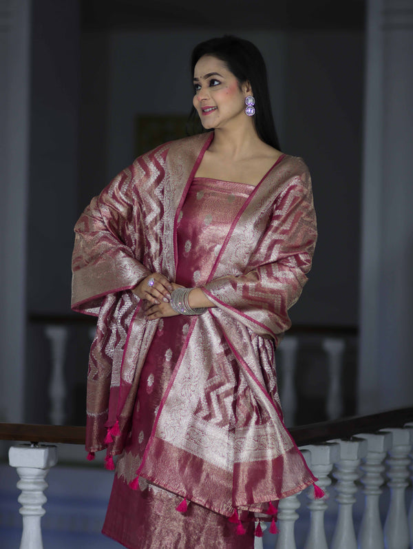 Banarasee Tissue Zari Work Salwar Kameez Fabric With Dupatta Set-Pink