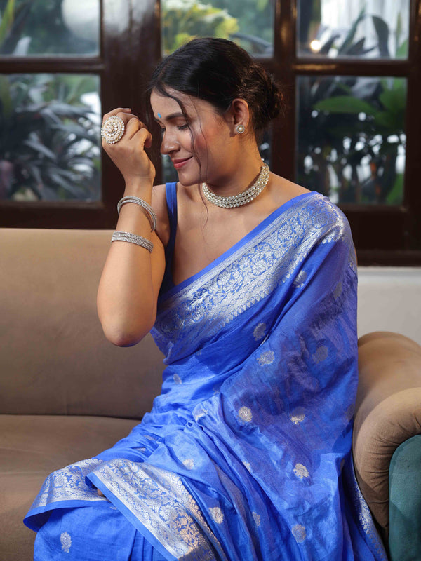 Banarasee Cotton Silk Saree With Zari Buta & Floral Border-Ocean Blue