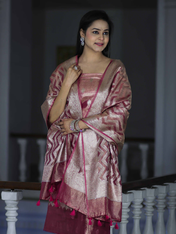 Banarasee Tissue Zari Work Salwar Kameez Fabric With Dupatta Set-Pink