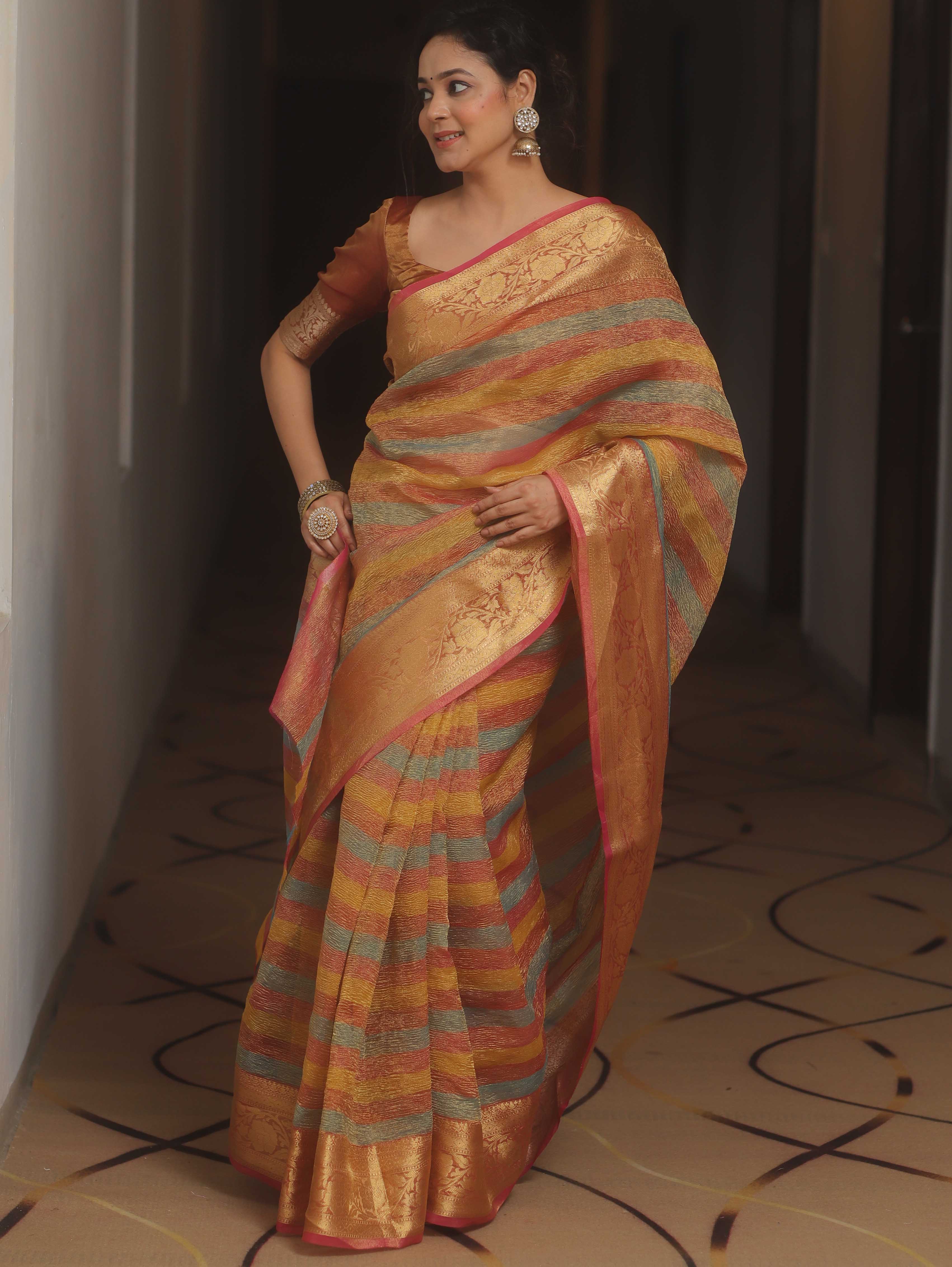 Banarasee Handwoven Crushed Tissue Saree-Multicolor