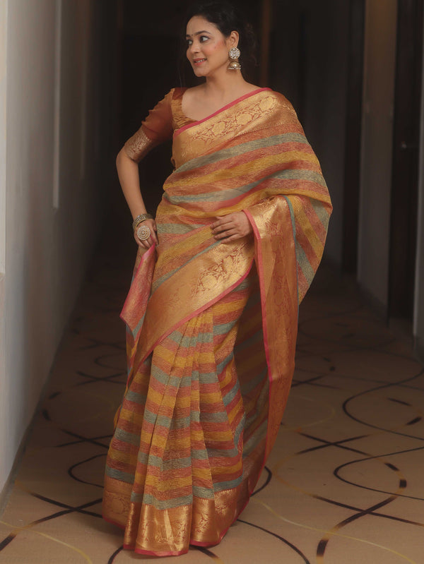 Banarasee Handwoven Crushed Tissue Saree-Multicolor