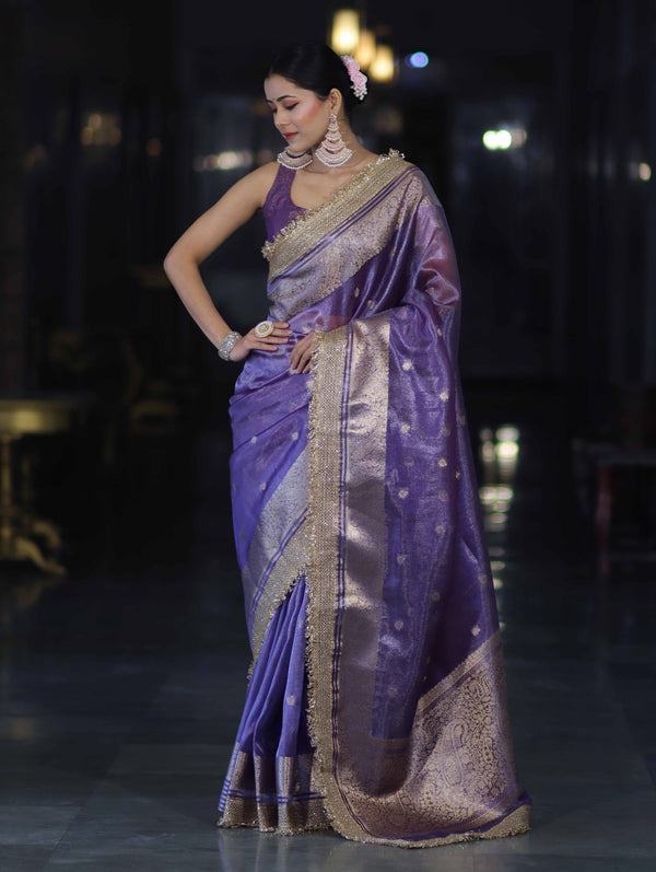 Banarasee Handloom Tissue Saree With Zari Buti Design Zari Border & Lace-Light Purple