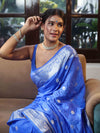 Banarasee Cotton Silk Saree With Zari Buta & Floral Border-Ocean Blue