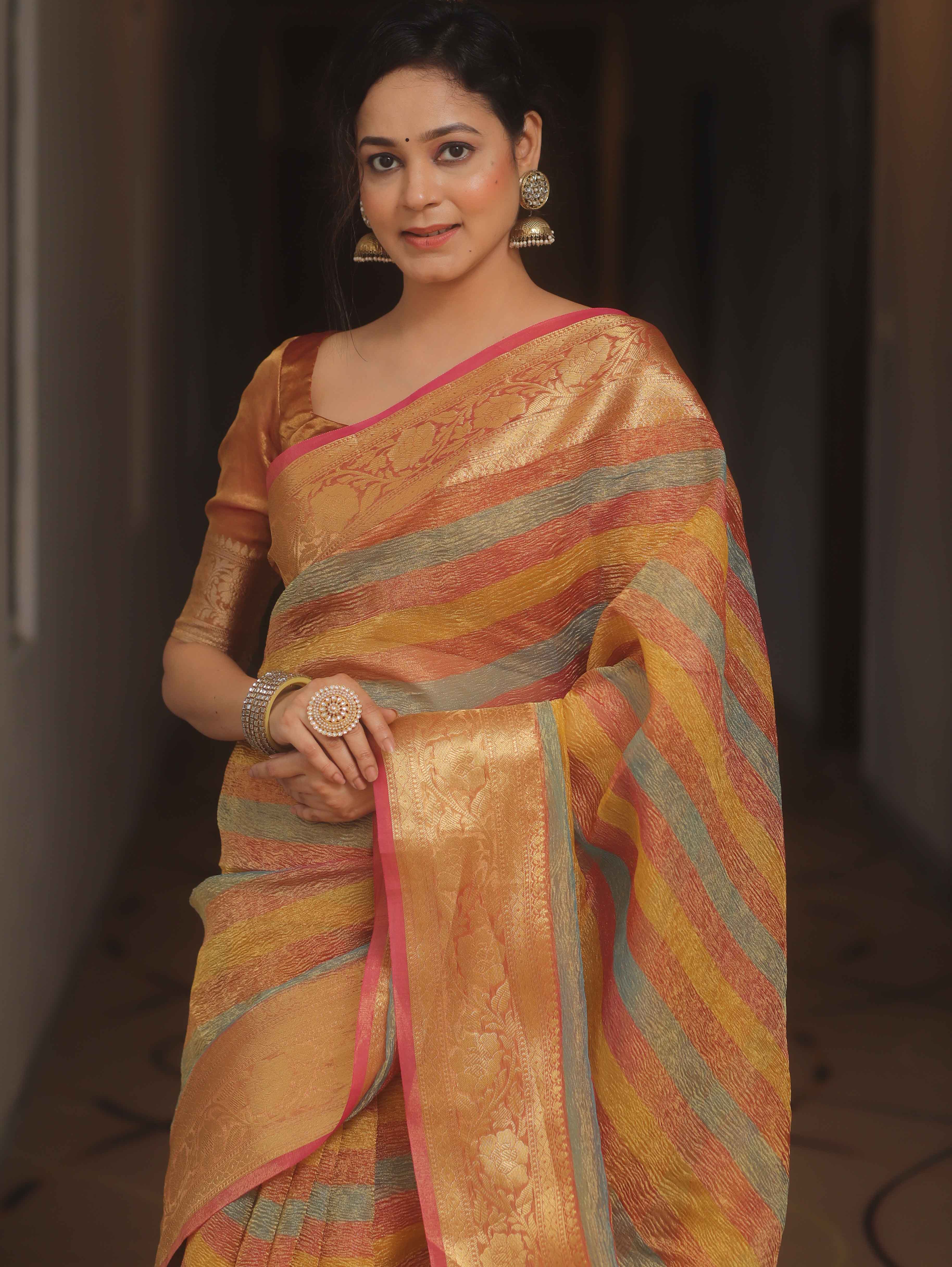 Banarasee Handwoven Crushed Tissue Saree-Multicolor