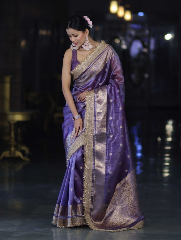 Banarasee Handloom Tissue Saree With Zari Buti Design Zari Border & Lace-Light Purple