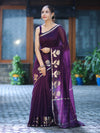 Banarasee Handloom Cotton Silk Plain Saree With Floral Zari Border-Violet