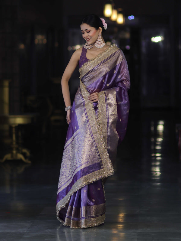 Banarasee Handloom Tissue Saree With Zari Buti Design Zari Border & Lace-Light Purple