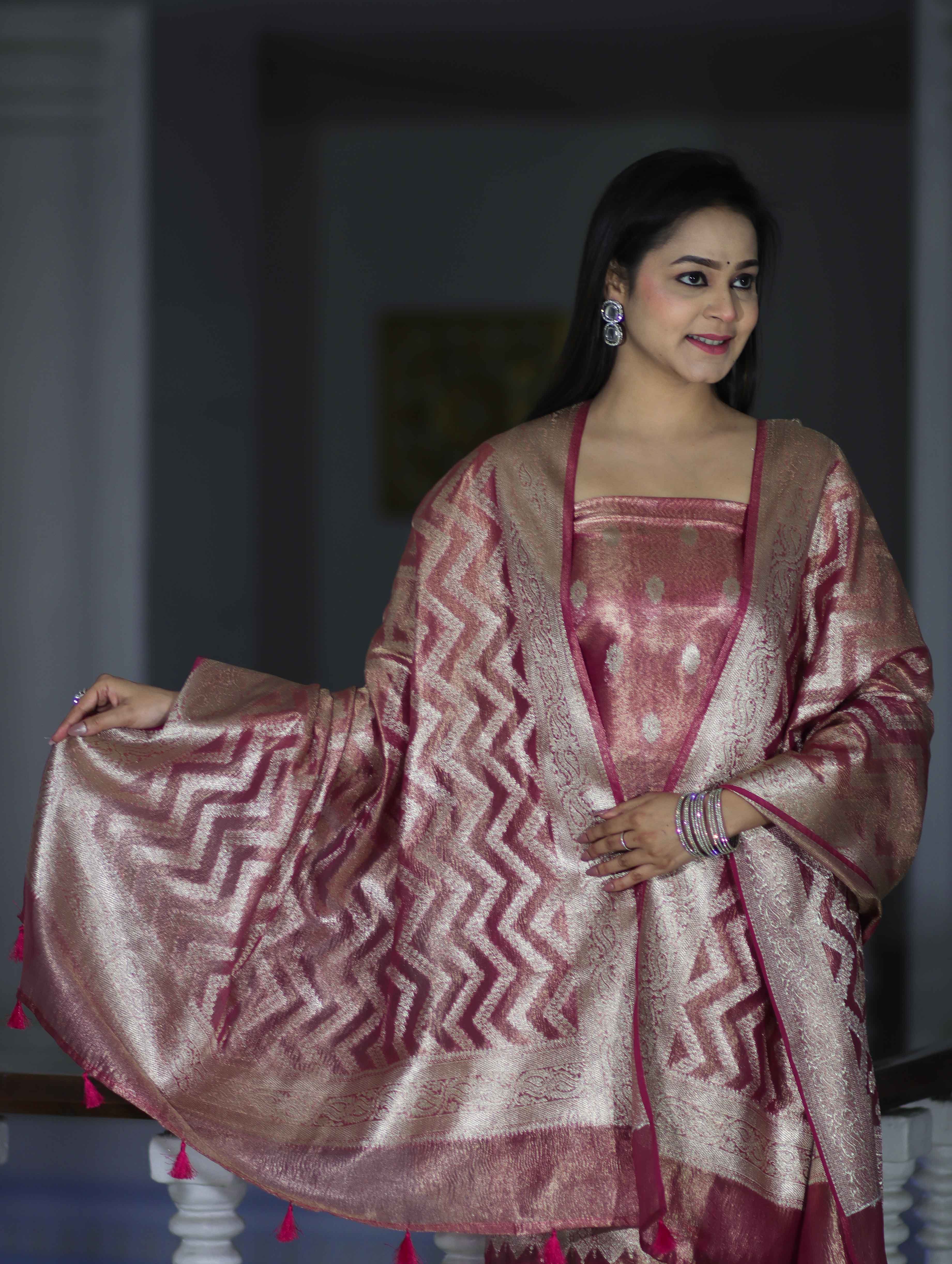 Banarasee Tissue Zari Work Salwar Kameez Fabric With Dupatta Set-Pink