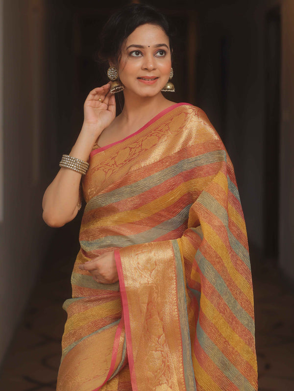Banarasee Handwoven Crushed Tissue Saree-Multicolor