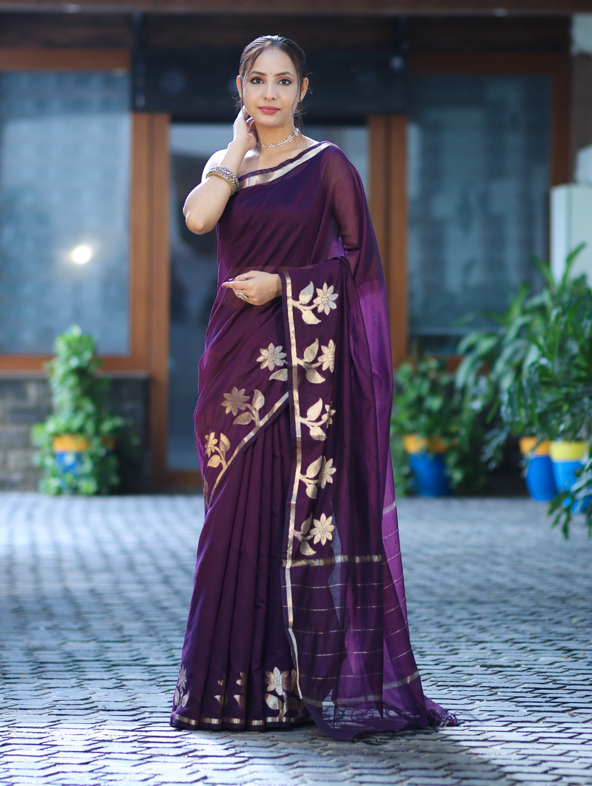 Banarasee Handloom Cotton Silk Plain Saree With Floral Zari Border-Violet