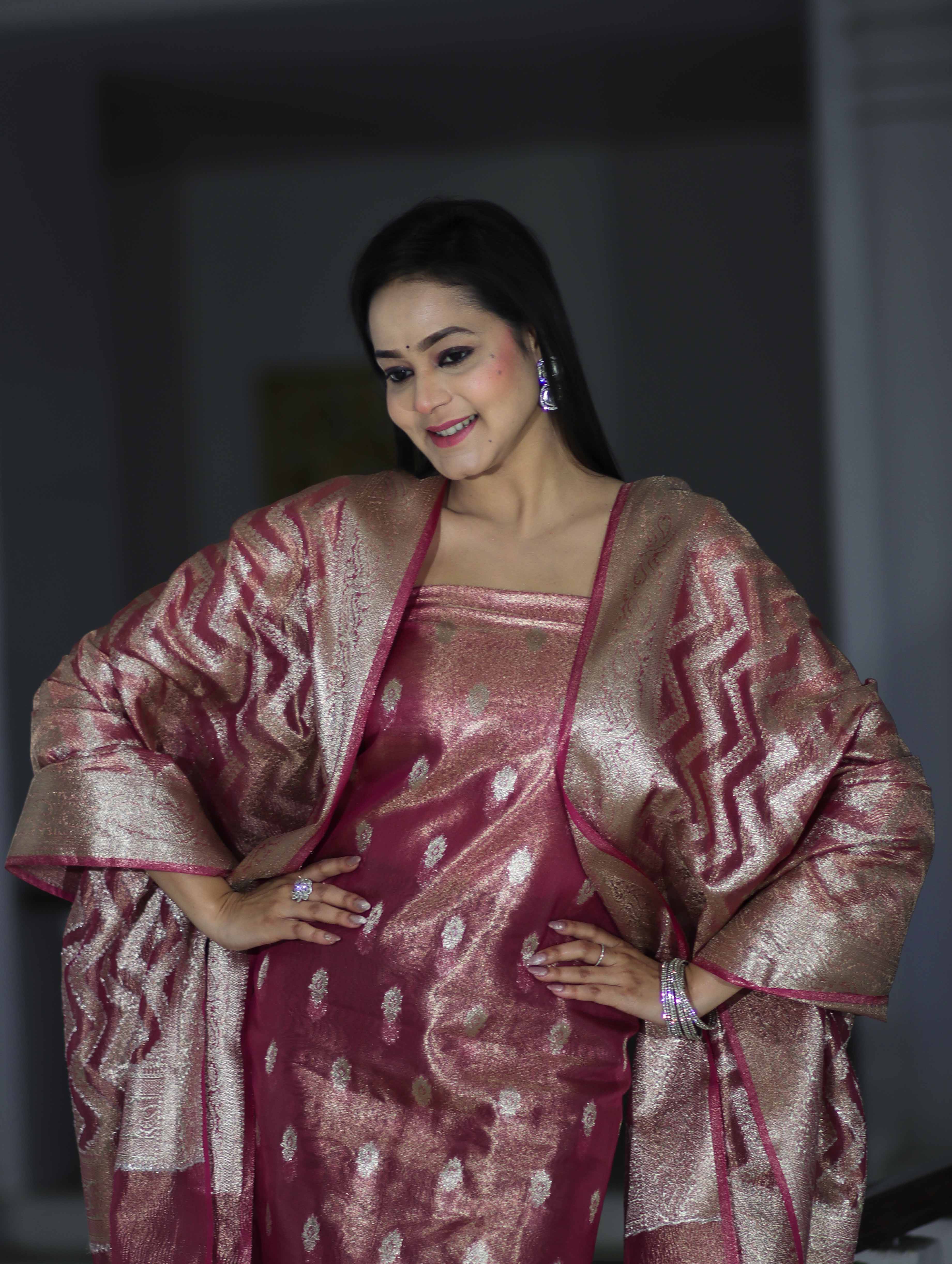 Banarasee Tissue Zari Work Salwar Kameez Fabric With Dupatta Set-Pink