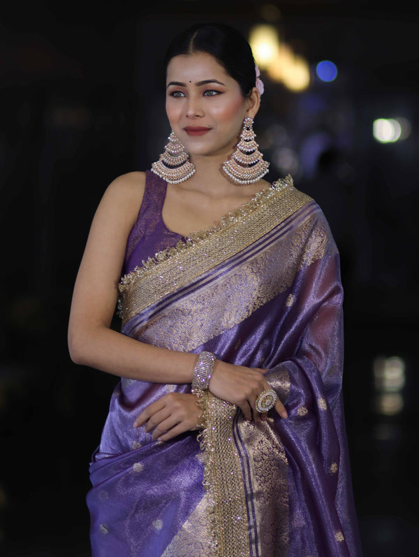 Banarasee Handloom Tissue Saree With Zari Buti Design Zari Border & Lace-Light Purple