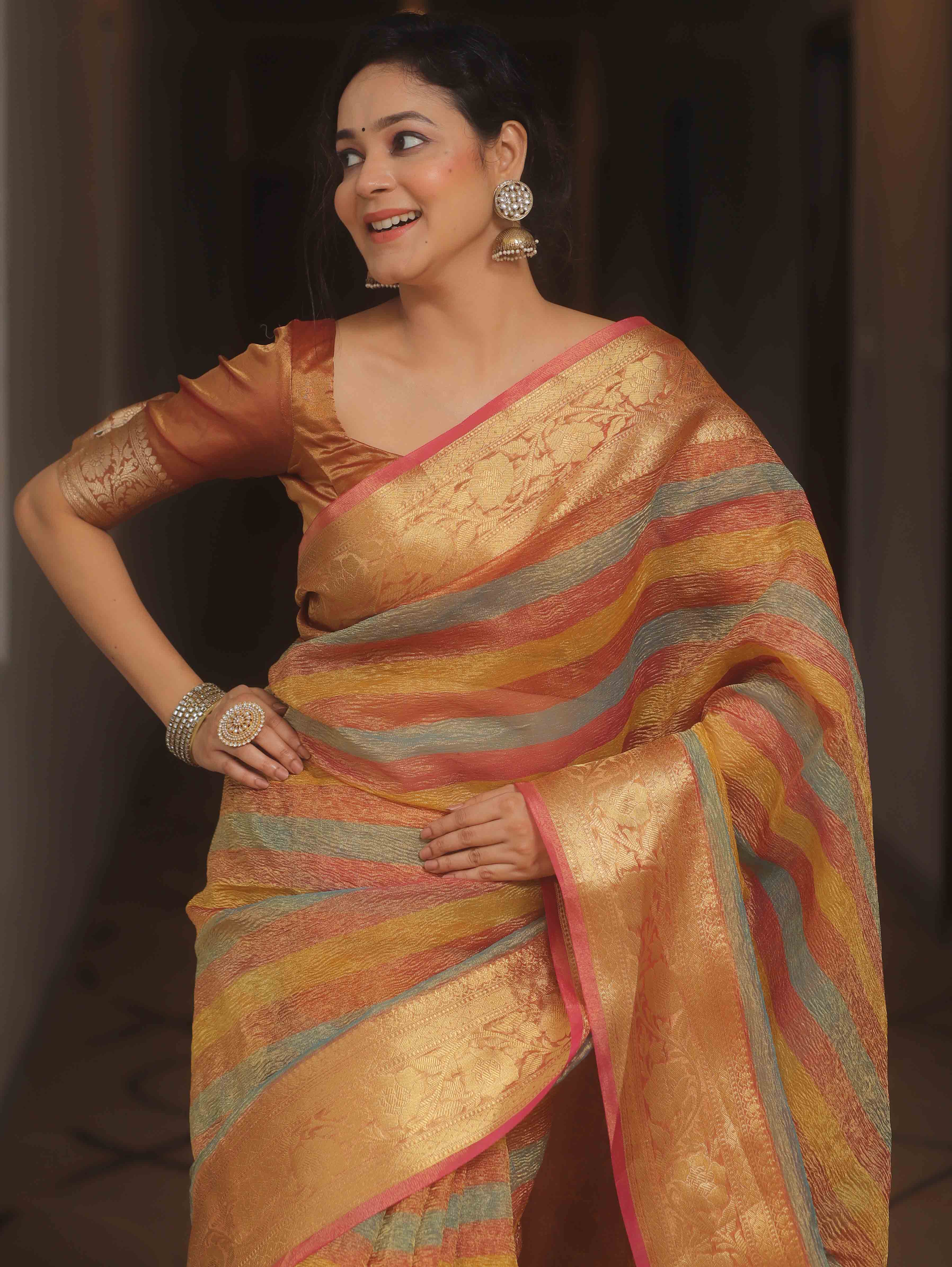 Banarasee Handwoven Crushed Tissue Saree-Multicolor