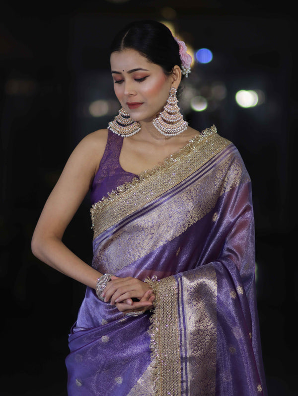 Banarasee Handloom Tissue Saree With Zari Buti Design Zari Border & Lace-Light Purple