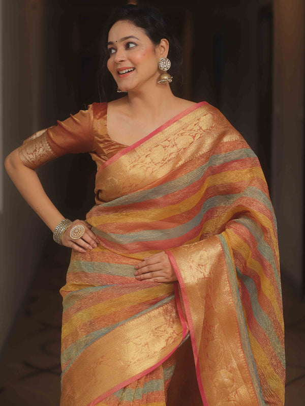Banarasee Handwoven Crushed Tissue Saree-Multicolor