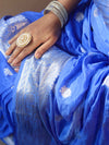 Banarasee Cotton Silk Saree With Zari Buta & Floral Border-Ocean Blue