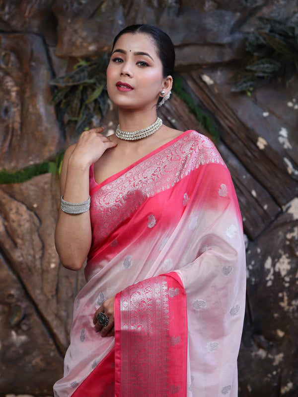 Banarasee Handloom Semi Silk Saree With Zari Buta Work & Contrast Border-Blush Pink(Dual Tone)