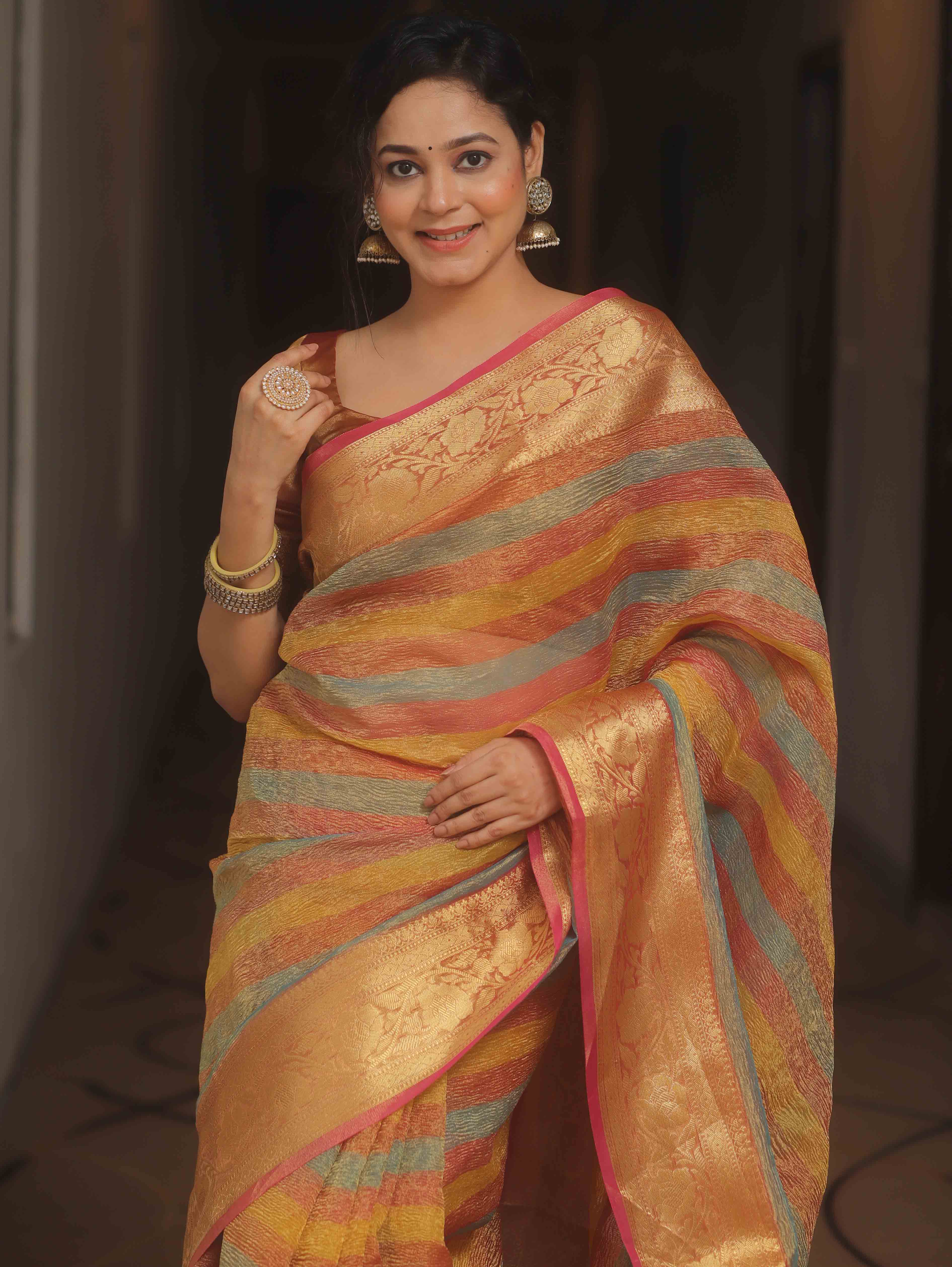 Banarasee Handwoven Crushed Tissue Saree-Multicolor