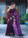Banarasee Handloom Cotton Silk Plain Saree With Floral Zari Border-Violet