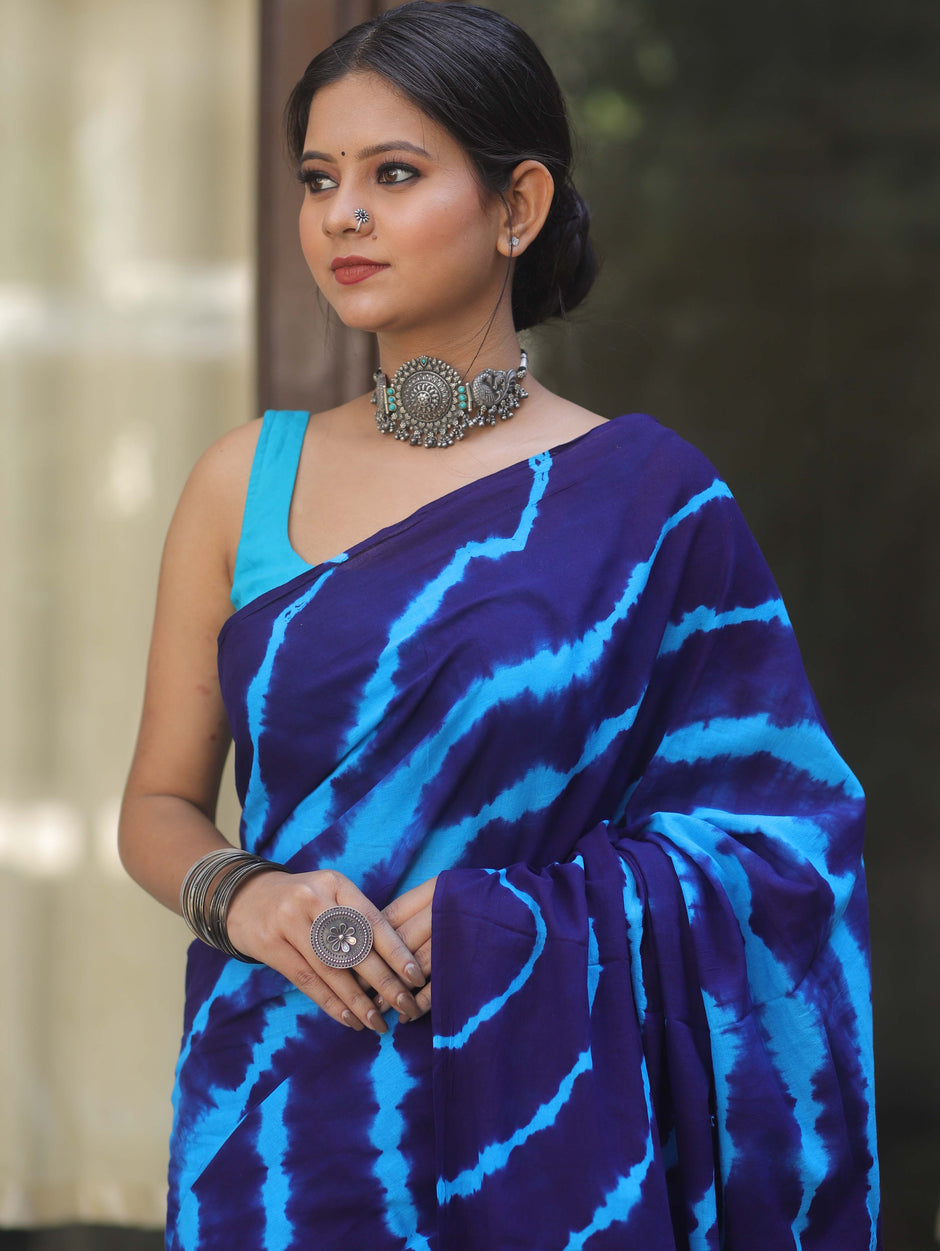 Blue - Hand Block Pure Mul Cotton Sanganeri Floral Print Saree 31