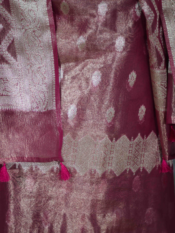 Banarasee Tissue Zari Work Salwar Kameez Fabric With Dupatta Set-Pink