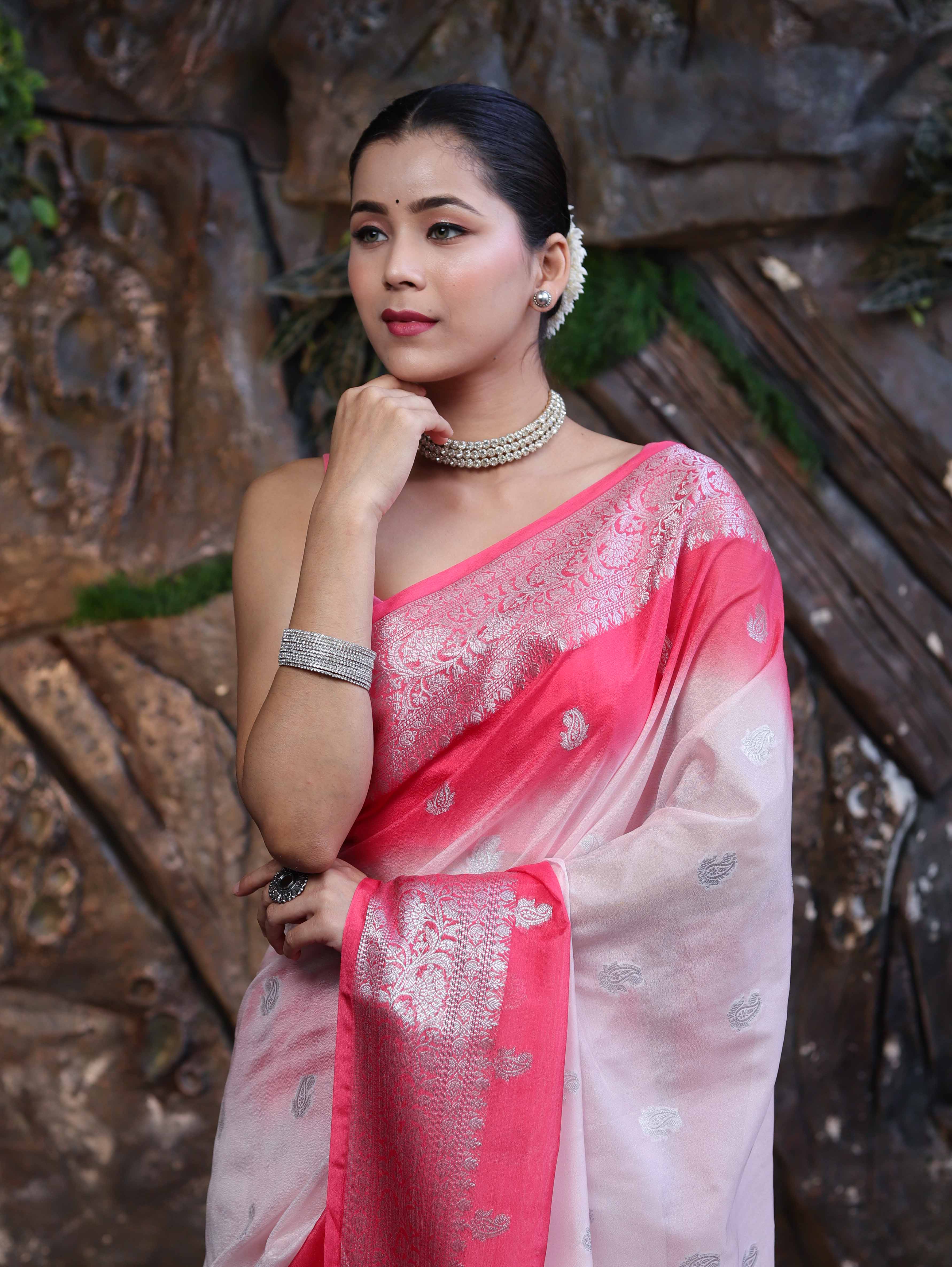 Banarasee Handloom Semi Silk Saree With Zari Buta Work & Contrast Border-Blush Pink(Dual Tone)