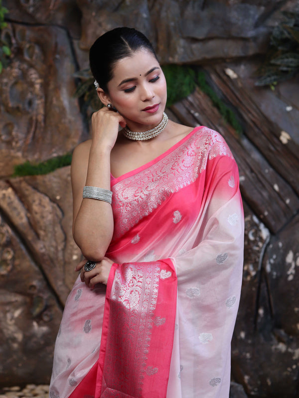 Banarasee Handloom Semi Silk Saree With Zari Buta Work & Contrast Border-Blush Pink(Dual Tone)