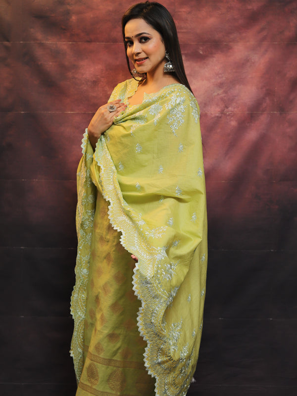 Banarasee Chanderi Cotton Salwar Kameez With Dupatta Set-Green