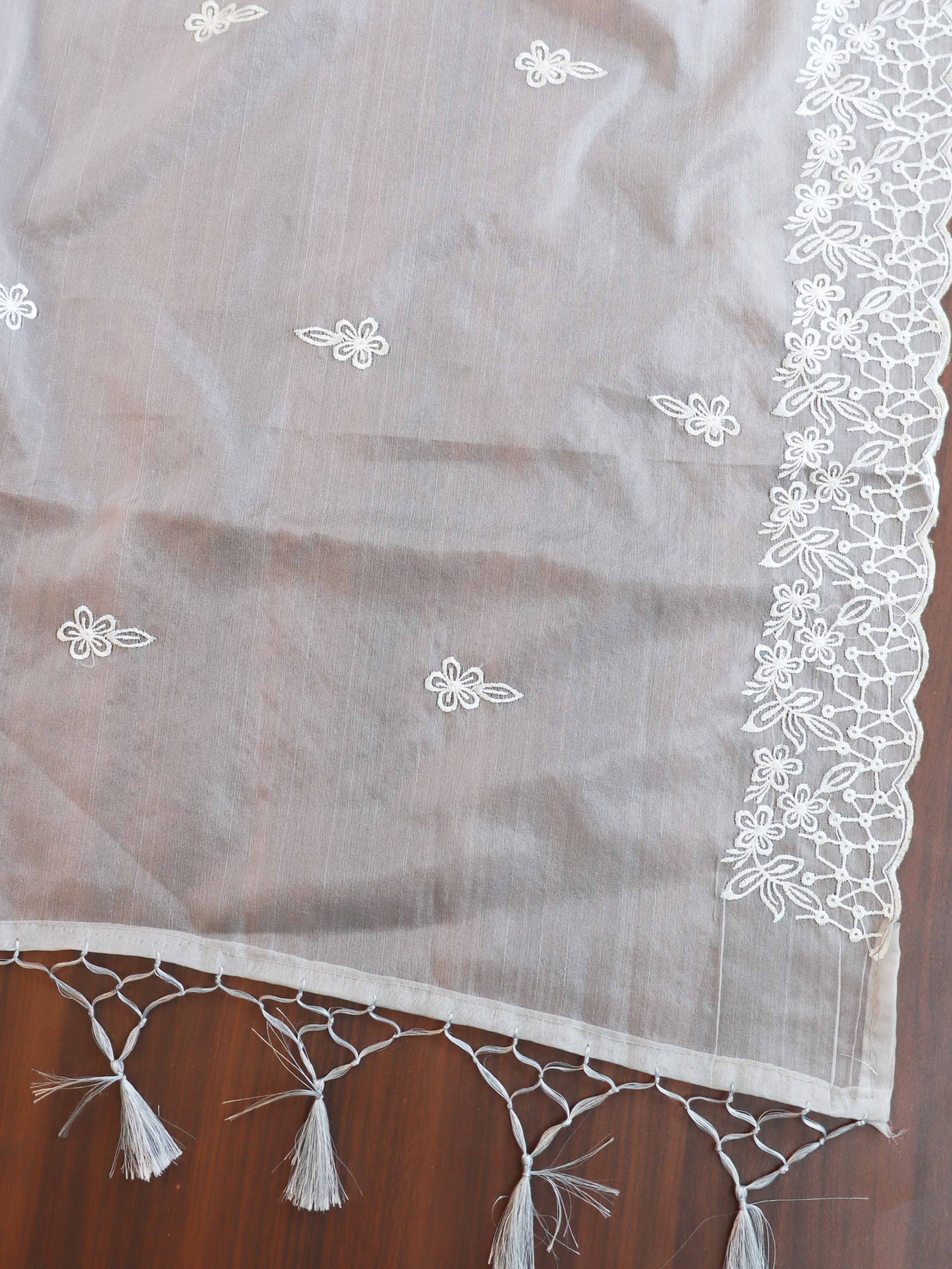 Banarasee Silver Zari Jaal Salwar Kameez With Embroidered Dupatta-Grey