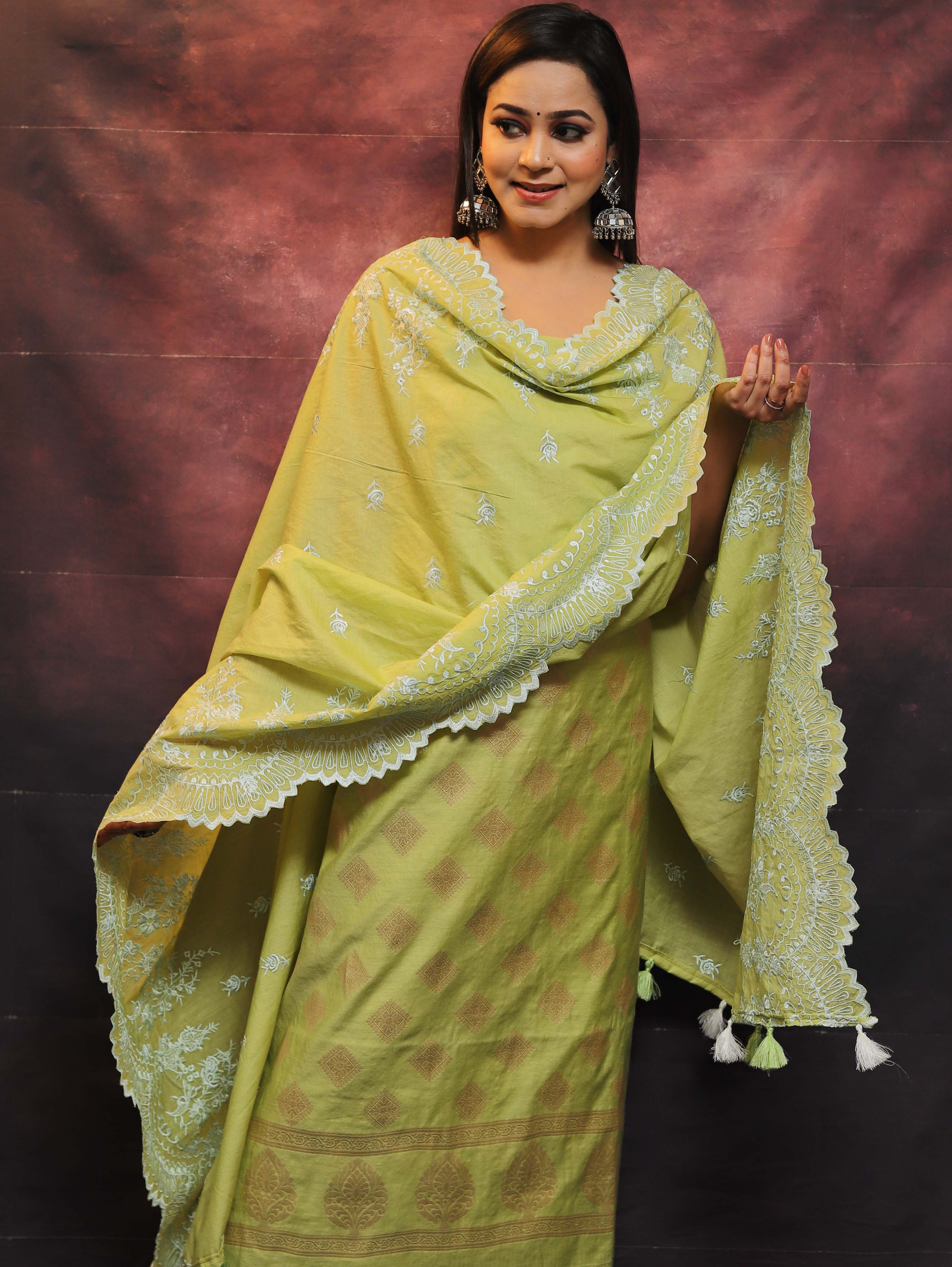 Banarasee Chanderi Cotton Salwar Kameez With Dupatta Set-Green