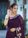 Banarasee Handloom Cotton Silk Plain Saree With Floral Zari Border-Violet